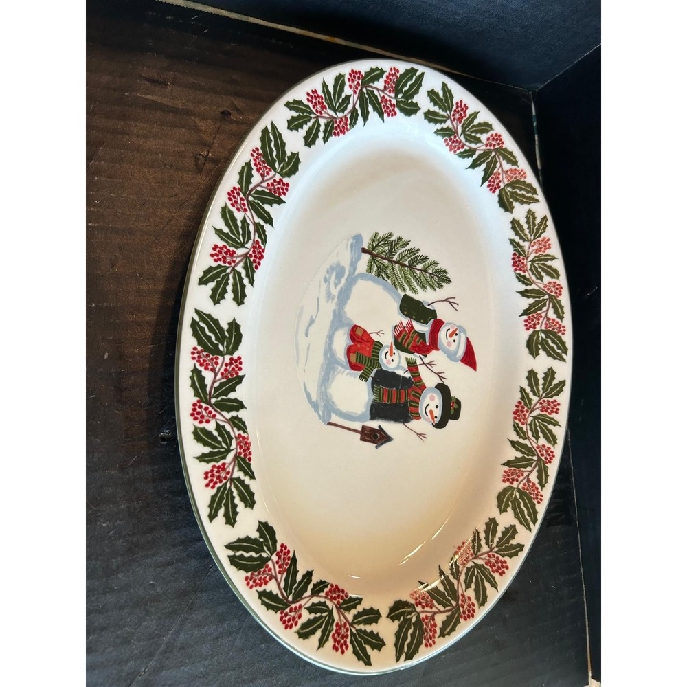 GEI Christmas Snowman Snow Family Platter 14" x 10" Holly Berries